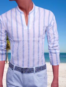 Λευκό με ρίγες σιέλ βαμβακερό απορροφητικό αέρινο μπλούζα-πουκάμισο και Μάο γιακά με τονισμένες κλώστες στην ύφανση δίνει μια πρόσθετη άξια στην αισθητική της ποιότητας Jazzy studio Comfort Fit online από το menshirts.gr