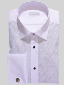 Γαμπριάτικο πουκάμισο με διπλές μανσέτες για μανικετόκουμπα και κουμπιά μαύρα με ασημί μεταλλική βάση ραμμένα στο χέρι.